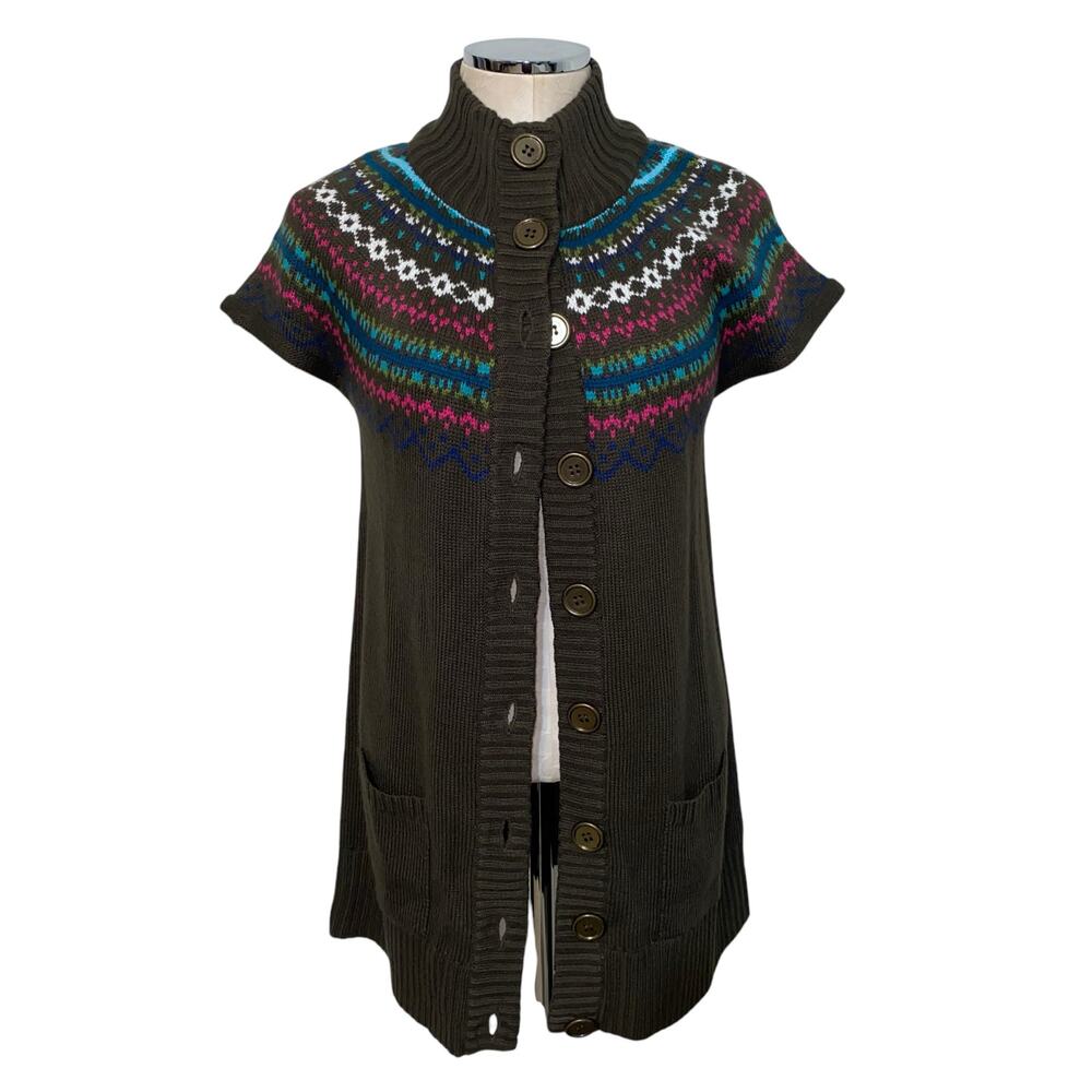 Style & Co Chocolate Brown Fair Isle Knit Short Sleeve Cardigan Sweater M NWT
